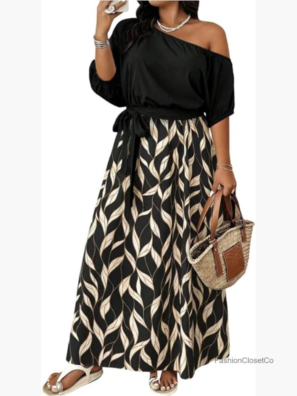 Off The Shoulder Tropical Print Maxi Dress Plus Size Flowy Tie Side